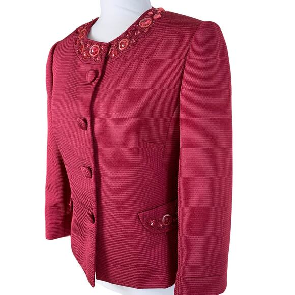 Tahari ASL Size 8 Jewel Bling Blazer Jacket Long Sleeve Formal Red Wine Holiday - Picture 1 of 8